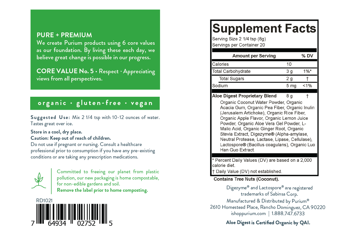Aloe Digest nutrition label